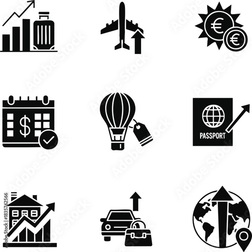 A set of black glyph icons representing global travel, finance, booking, and growth concepts for tourism and investment planning