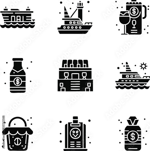 A set of black solid icons related to wealth, leisure, and commerce. Includes a yacht, money bag, stadium, shopping, and transportation symbols