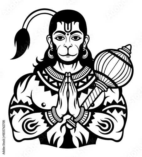 Lord Hanuman Hindu monkey god praying with mace vector illustration