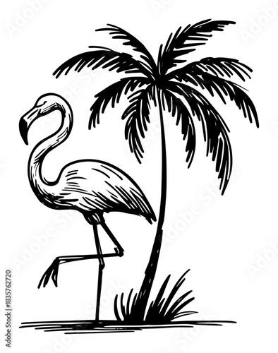 Tropical pink flamingo standing near palm tree summer vector sketch illustration