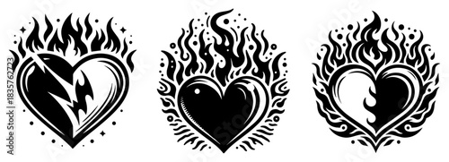 Set of flaming heart tattoo emblems with fire and burning flames vector illustration