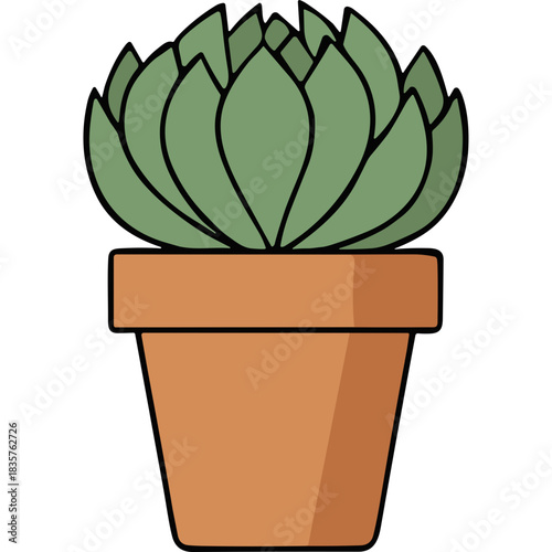 Green Succulent Plant in Terracotta Pot on Black Background Flat Design Illustration with Shadow
