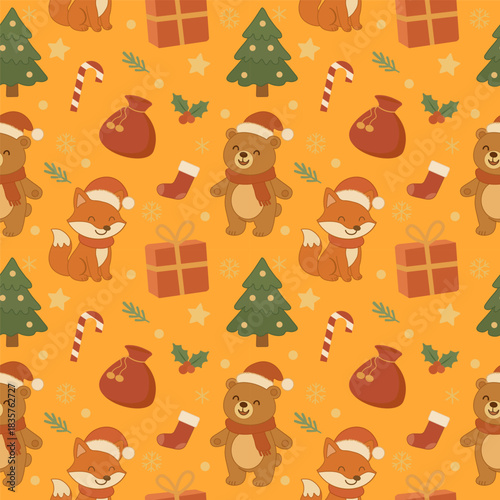 Seamless Christmas pattern. Cute animals create a magical atmosphere. Vector. Universal. Perfect for textile prints, wrapping paper, cards, and various business applications.