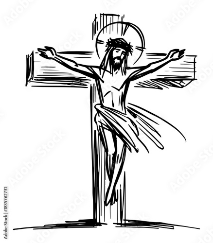 Jesus Christ crucifixion on cross hand drawn religious vector sketch illustration