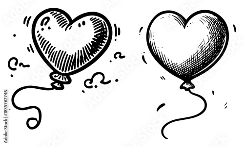 Cute hand drawn heart shaped balloons with string vector sketch
