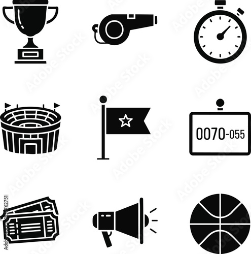 A versatile collection of black silhouette vector icons for sports, competition, and athletic events
