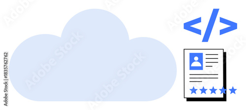 Cloud shape with coding symbols and user profile document suggests digital storage, software development, and user experience. Ideal for concepts thumbs up cloud services, cybersecurity, web