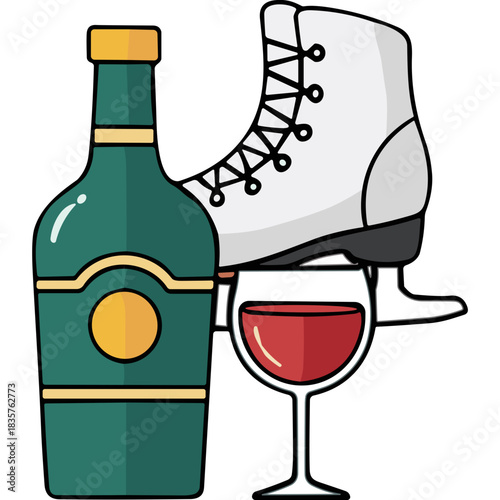 Green Wine Bottle White Ice Skate and Red Wine Glass Isolated on Black Background