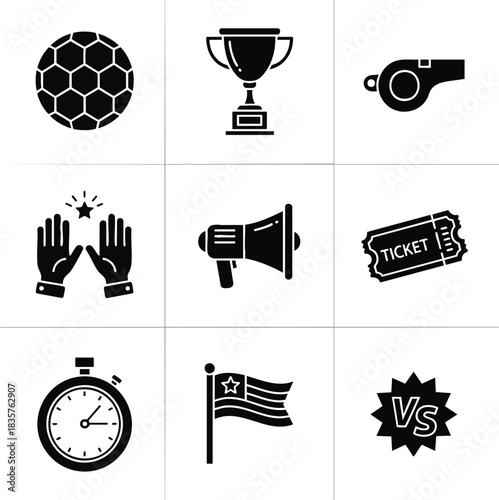 Black and white vector image showcasing soccer competition icons