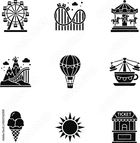 Black and white vector icons for amusement parks and summer fun. Features classic rides and fairground elements