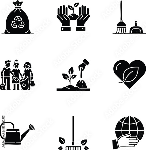 Black glyph icons for environmental protection, sustainability, and community service