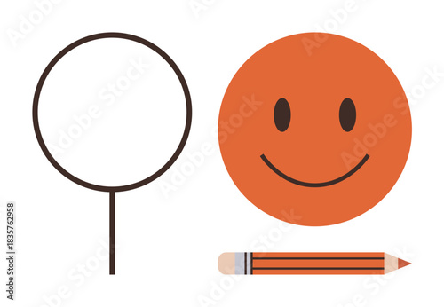 Smiling orange face with bold features, circular frame, and pencil. Ideal for creativity, self-expression, positivity, art design, communication learning and education. Simple flat metaphor