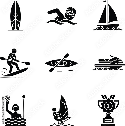 Black glyph icons set representing various water sports and summer activities including surfing, swimming, sailing, kayaking, and jet skiing