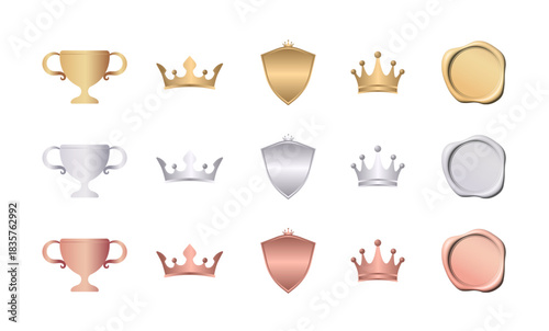 ゴールドとシルバーとブロンズ（ピンクゴールド）の3色で展開された、トロフィー・王冠・盾・シーリングワックスの高級感あるアイコンセット、ランキングやゲームUIに最適なベクターイラスト