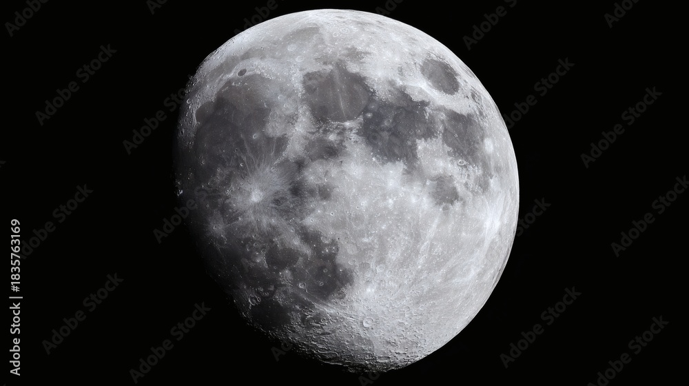 Obraz premium phase. A detailed closeup of the full moon, showcasing its textured surface against the dark expanse of space. STEM education sheets.