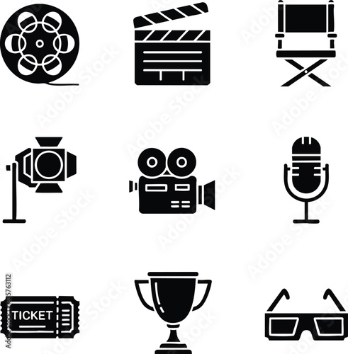 Cinema and movie production icon set. Vector glyphs of film reel, clapperboard, director chair, and camera. Symbols for entertainment industry