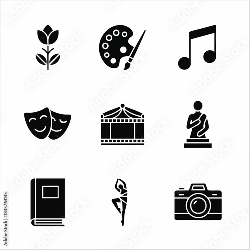 Clean vector icons representing diverse art, culture, and creativity. Features symbols for music, painting, theater, film, books, dance, photography