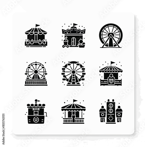 Collection of amusement park glyph icons. Design element set featuring Ferris wheel, carousel, arcade and other amusement related scenes