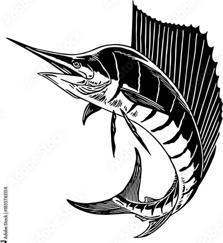 vector illustration of a fish marlin jump on the sea art design