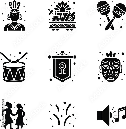Collection of black and white glyph icons representing carnival, samba, parade elements, and cultural celebration items