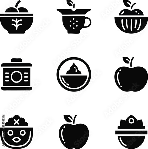 Collection of black icons depicting food items and preparation. Includes bowls of fruit, a colander, and an apple