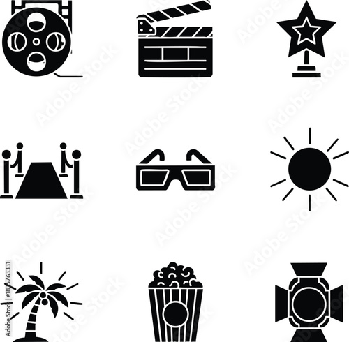 Collection of black silhouette icons representing cinema, movies, and entertainment concepts like film reel, clapperboard, award, and popcorn