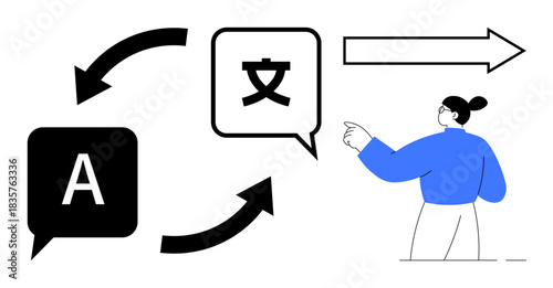 Language learning, translation services, communication tools, multilingual education, global connection, cross-cultural exchange. Speech bubbles with letters and arrows, person pointing forward