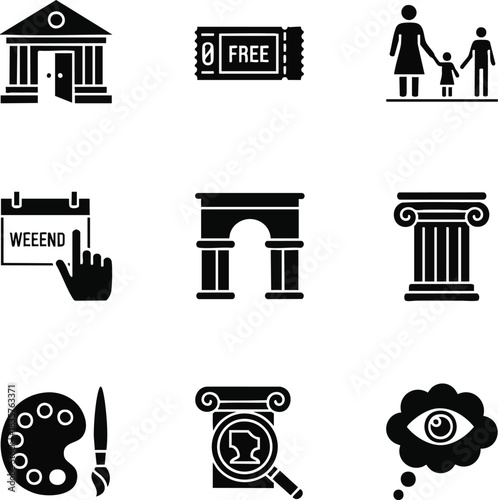 Collection of black vector icons representing cultural landmarks, leisure activities, and symbols of knowledge