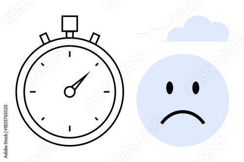 Time stress. Stopwatch s urgency while sad face emotional strain and mental health challenges. Time stress affecting productivity and wellbeing. For mental health, time management, productivity, HR