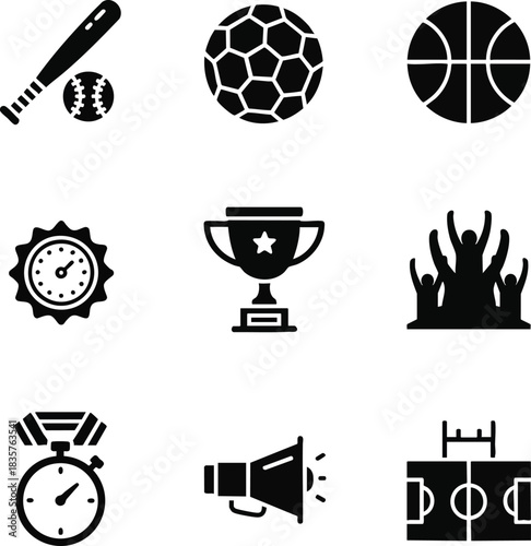 Collection of sports icons illustration. This vector graphic shows diverse sports elements, creating a dynamic and versatile composition