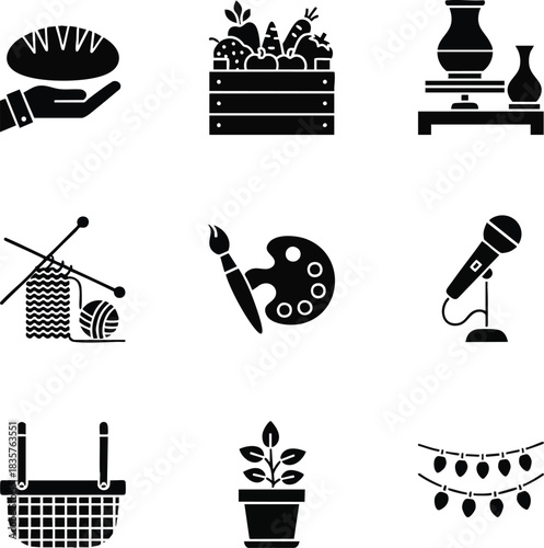 Collection of various black glyph icons representing different activities and objects