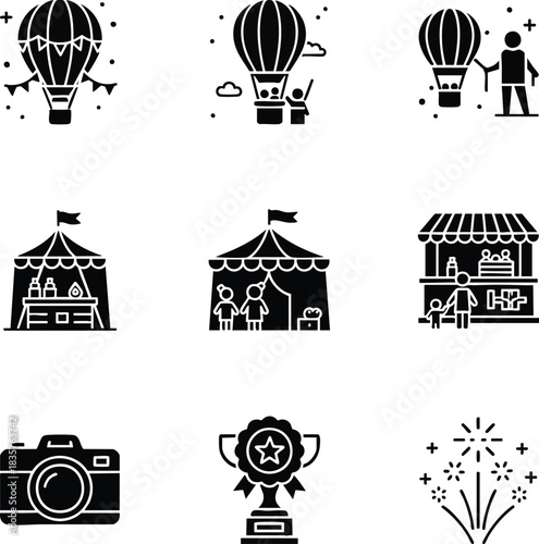 Festival and carnival solid glyph icon set. Pictograms for outdoor events include hot air balloons, fair tents, food stalls, fireworks, and a trophy