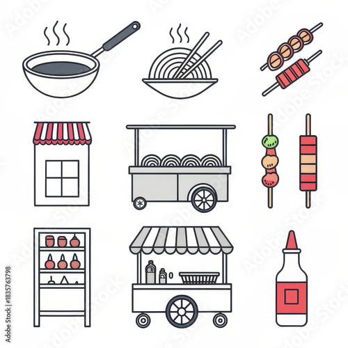 Street food icon set with noodles, skewers, food carts, condiments, and vendor stalls, ideal for food truck branding, market menus, culinary infographics, or Asian street food content