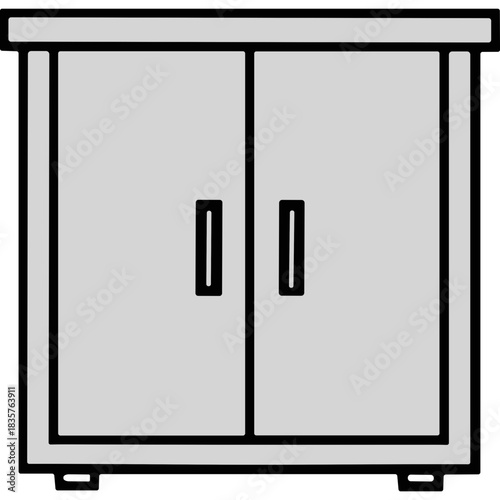 Minimalist Two Door Cabinet in Neutral Gray with Black Handles and Subtle Foot Detail