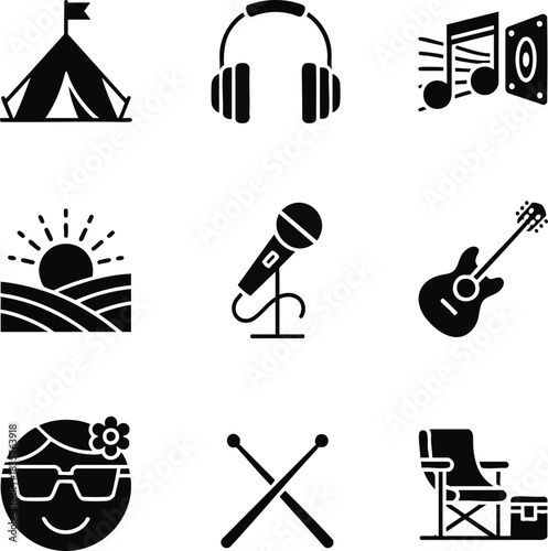 Icon set representing a music festival. Featuring a tent, headphones, musical notes, sunrise, microphone, guitar, and a smiling face