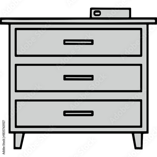 Minimalist Vector Drawing Of A Gray Wooden Chest Of Drawers With Three Drawers And A Small Rectangular Object On Top Against A Black Background