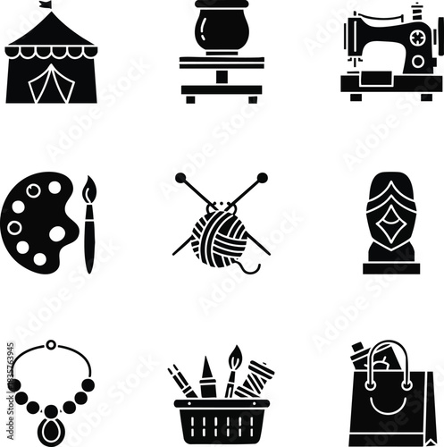 Illustration depicting hobbies and crafts, featuring arts, pottery, sewing, knitting, jewelry making, shopping, and sculpting