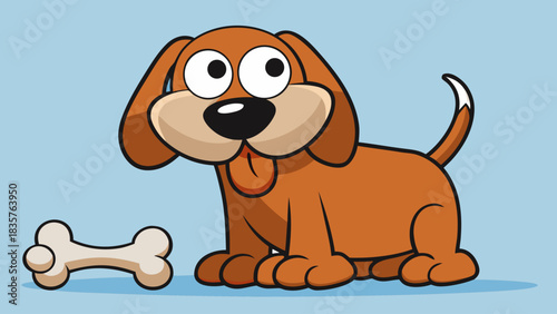 Cartoon Dog Sitting by a Bone on a Blue Background