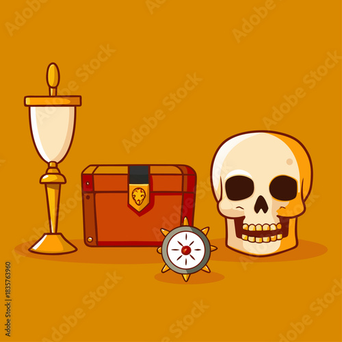 Treasure Chest, Compass, Skull, and Trophy on Orange Background