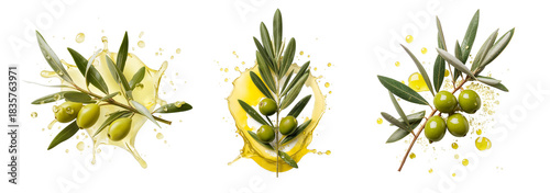 Olive branch with oil splashes isolated on a transparent background