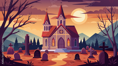 Church Near Cemetery at Sunset With Mountains and Clouds