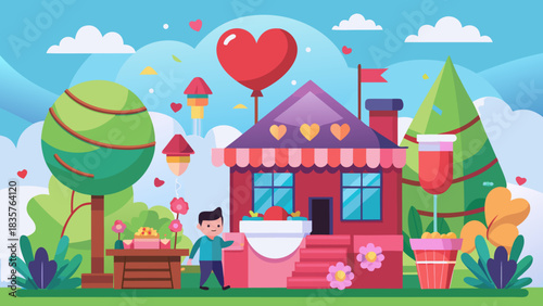 Child Enjoys Fun Day at Colorful House With Balloons and Trees