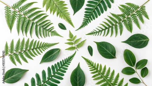 Flat lay of assorted green tropical leaves and ferns on white background, ideal for botanical design, eco-friendly branding, nature-themed posters, organic product packaging, or wellness marketing