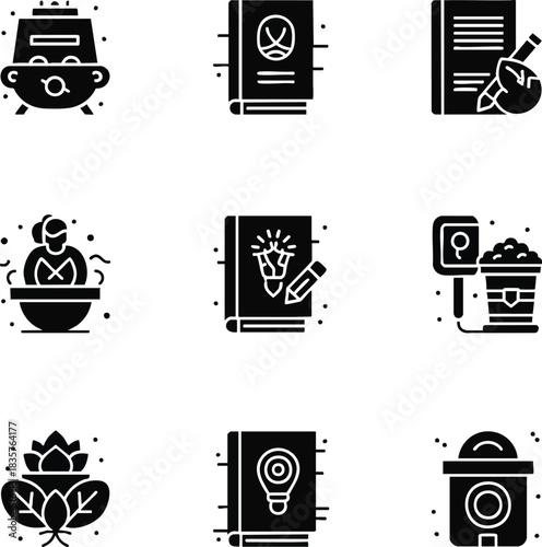 Modern black glyph icons, ideal for web and app design. Features concepts like creativity, learning, relaxation, and food