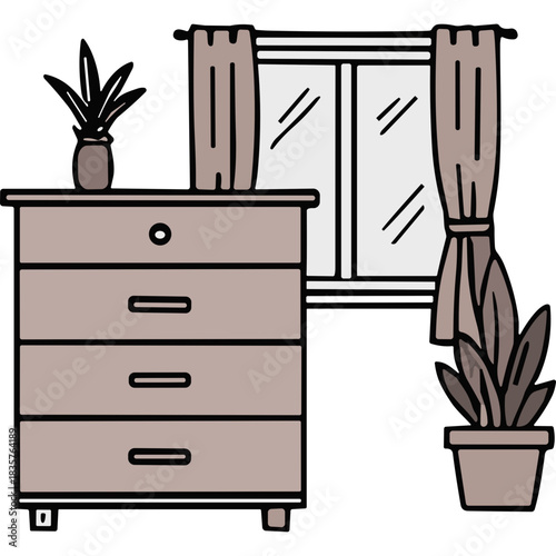 Minimalist illustration of a dresser and a window with curtains and potted plants in a room with soft neutral colors providing a serene and tidy atmosphere