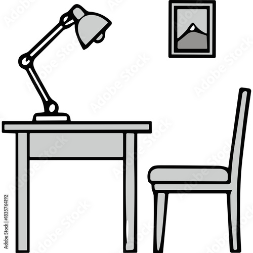 Minimalist Illustration of a Desk With a Lamp and Chair in a Room With a Framed Picture on the Wall