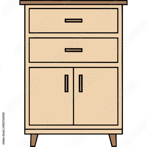 Minimalist Light Brown Wooden Cabinet With Two Drawers And Two Doors On Four Tapered Legs With A Dark Brown Top And Simple Bronze Handles On A Black Background