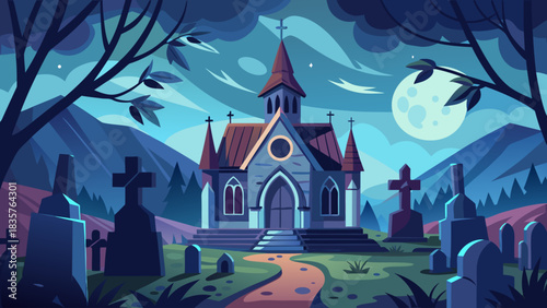 Old Church Stands in Graveyard Under Moonlight at Night