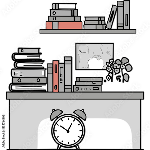 Minimalist Illustration Of Bookshelf With Stacked Books And A Table Clock On A Desk With A Small Plant On The Shelf In A Simple Flat Design Style