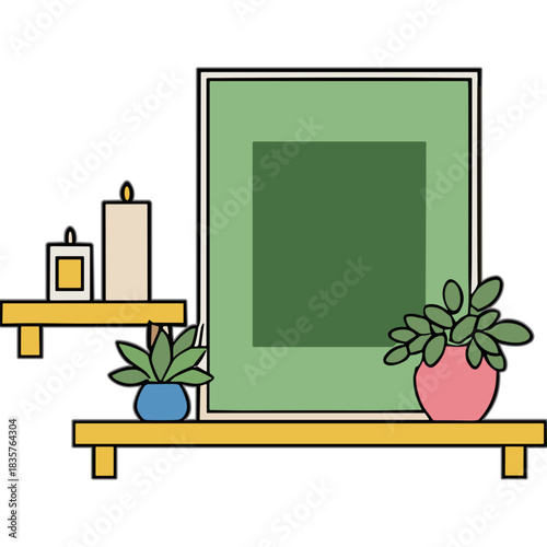 Minimalist Interior Scene With Green Framed Art Two Potted Plants And A Lit Candle On Yellow Shelving Against A Black Background